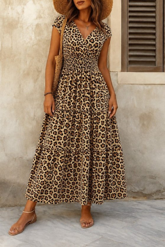 Women's Short Sleeve Wrap Neck Elastic Waist Supreme Maxi Dress