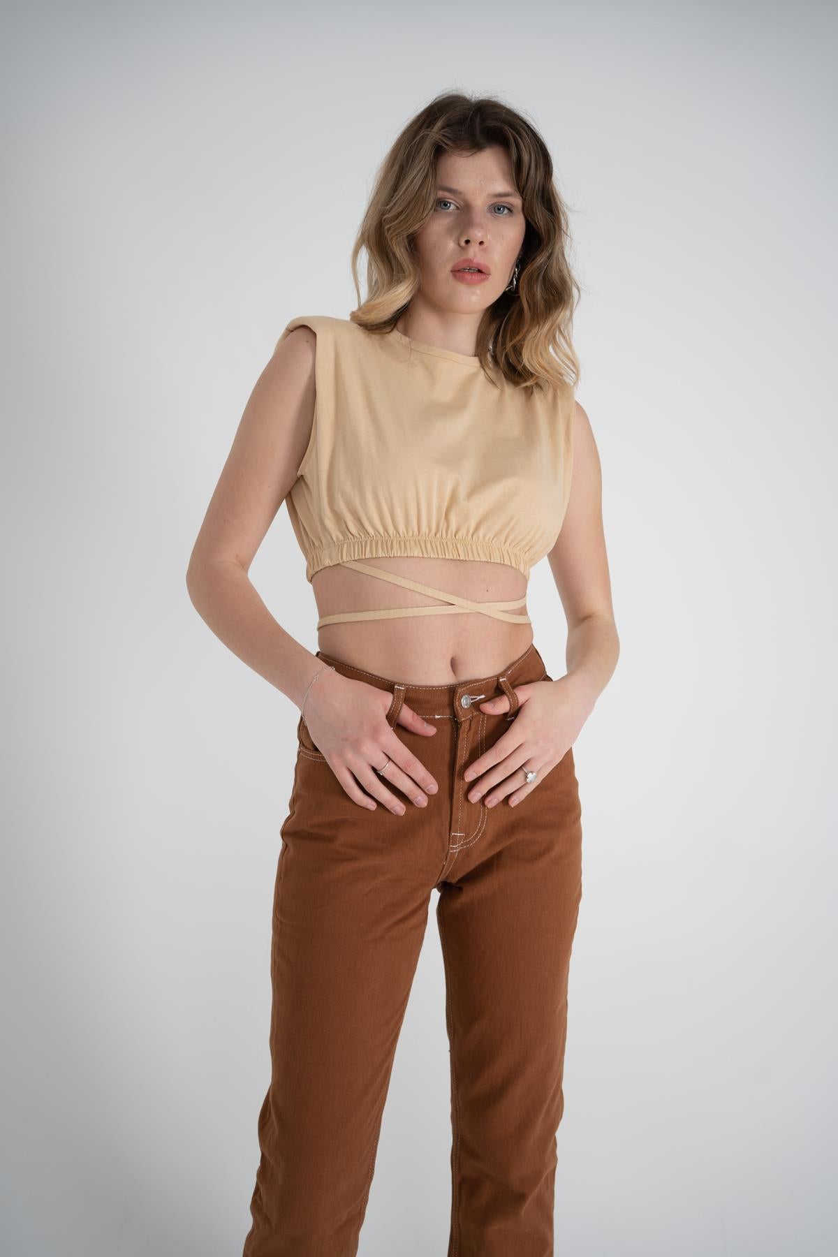 Bel Bağlamalı Crop Candy Tshirt Bej