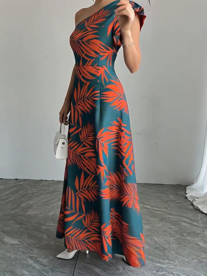 Women's One-Shoulder Open Slit Long Patterned Dress
