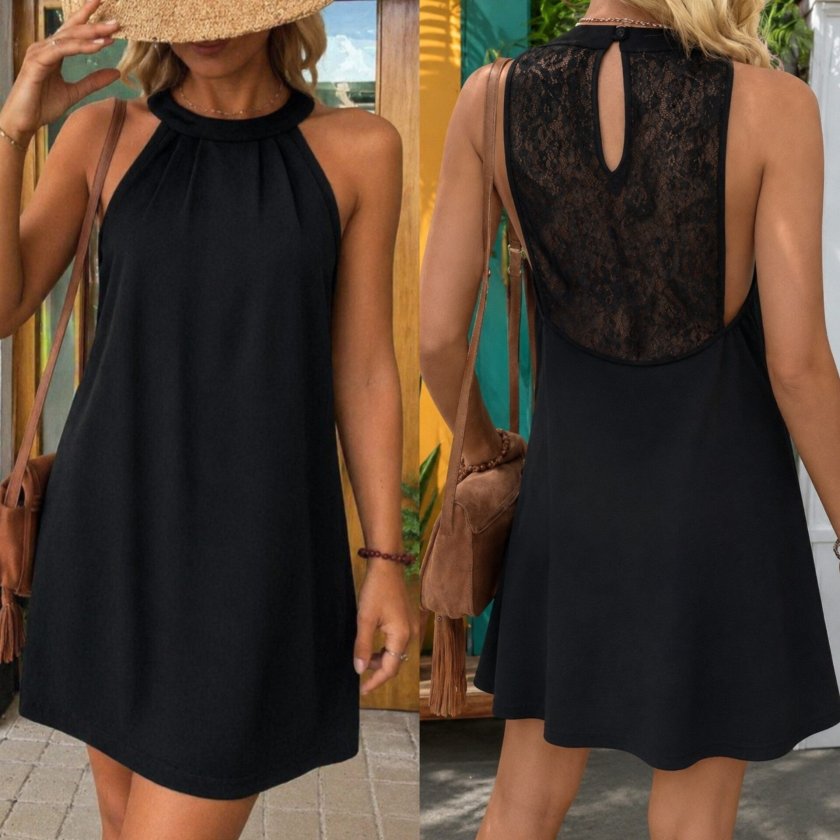 Women's Round Neck Open Shoulder Back Lace Detailed Janjan Crepe Dress