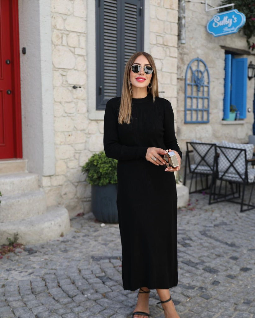 Women's Long Sleeve Semi-Turtleneck Back Window Detail Drawstring Midi Knit Dress