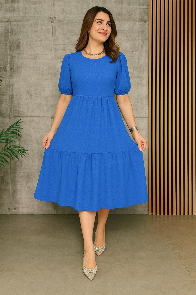 Women's Short Sleeve Open Collar Layered Crinkled Balloon Dress