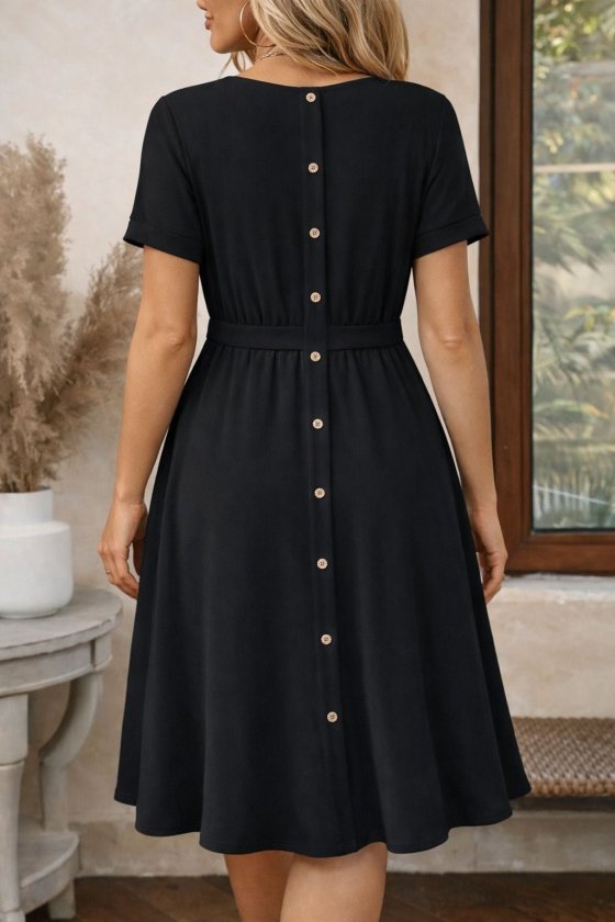 Women's Short Sleeve Round Neck Back Buttoned Viscose Midi Dress