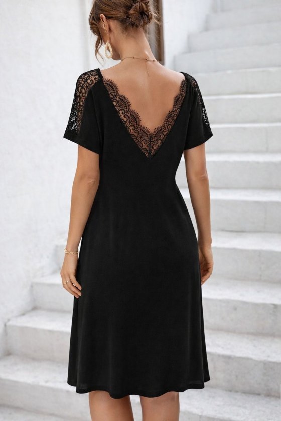 Women's Short Sleeve Lace V Neck Midi Viscose Dress