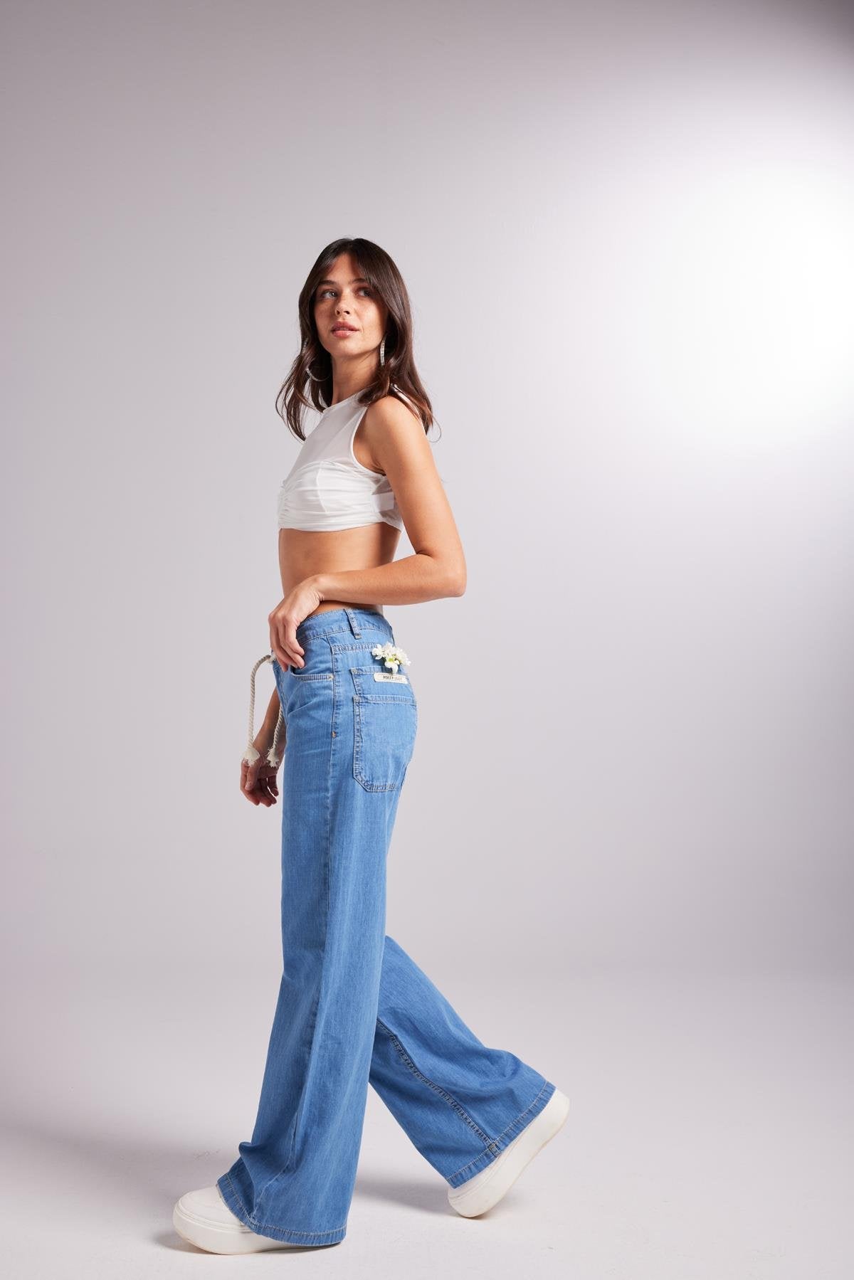 Beli Bağlamalı Orta Düşük Bel Yumuşak Dokulu Lose Jean Pantolon Mavi