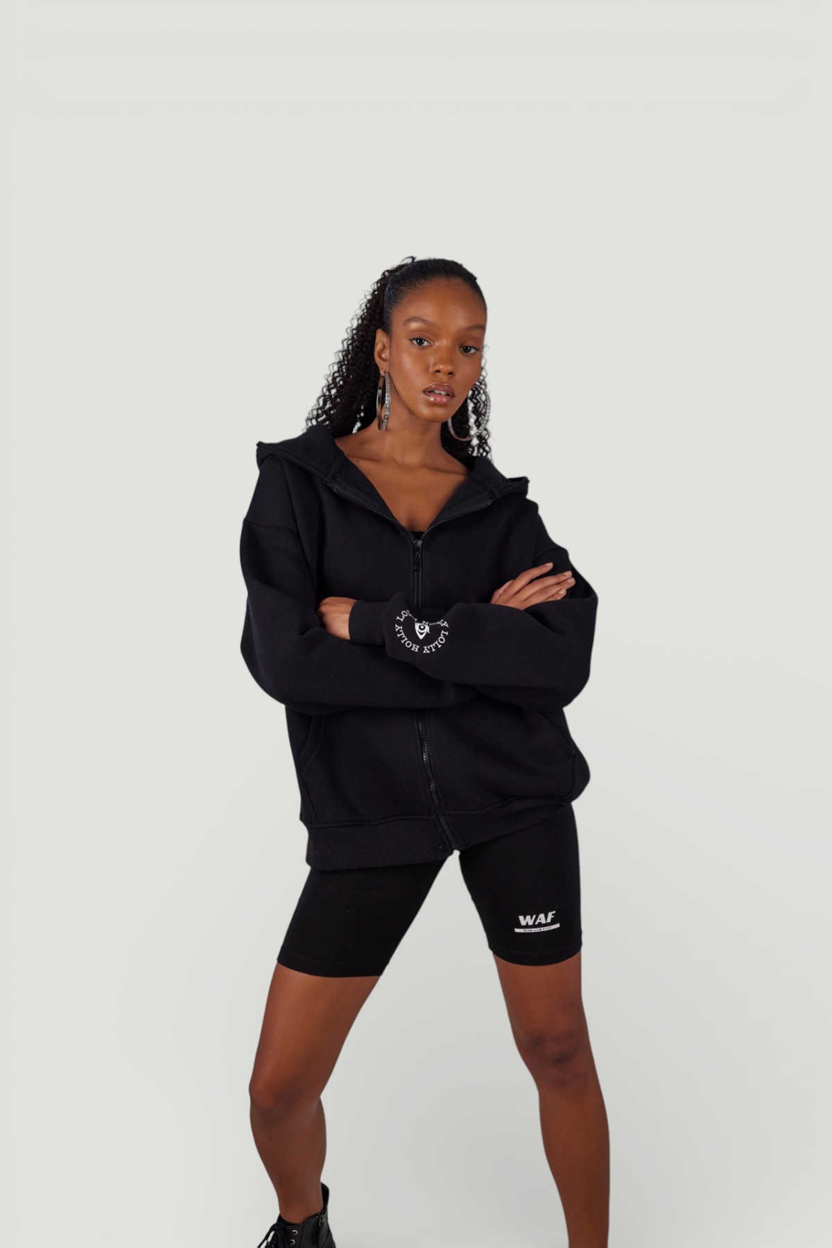 Uzun Kol Kapüşonlu Fermuar Kapamalı Hoody Sweatshirt Siyah