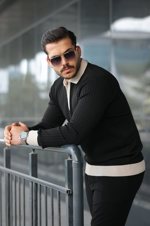 Erkek Kol Ve Yaka Detaylı Uzun Kollu Triko