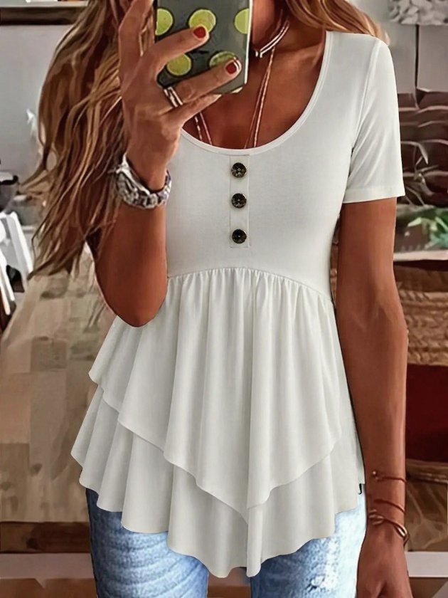 Women's Short Sleeve Round Neck Buttoned Front Asymmetric Cut Detailed Viscose Blouse