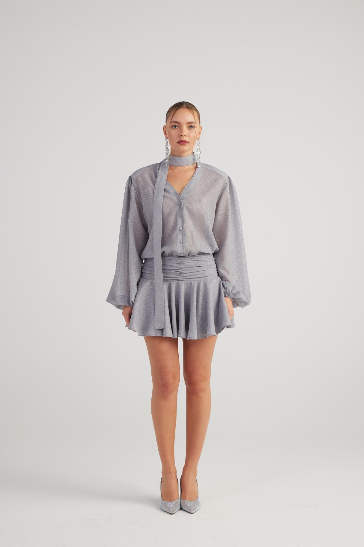 Simli Kumaş Fırfırlı Mini Vanesa Elbise Gri Gri L