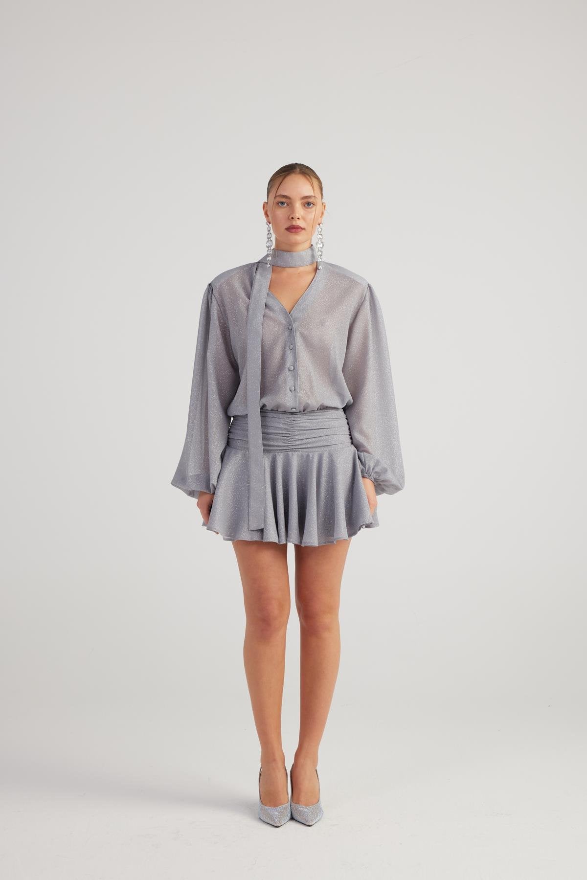 Simli Kumaş Fırfırlı Mini Vanesa Elbise Gri Gri L