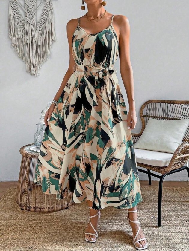 Women's Spaghetti Strap V-Neck Waist Belted Long Patterned Supreme Dress