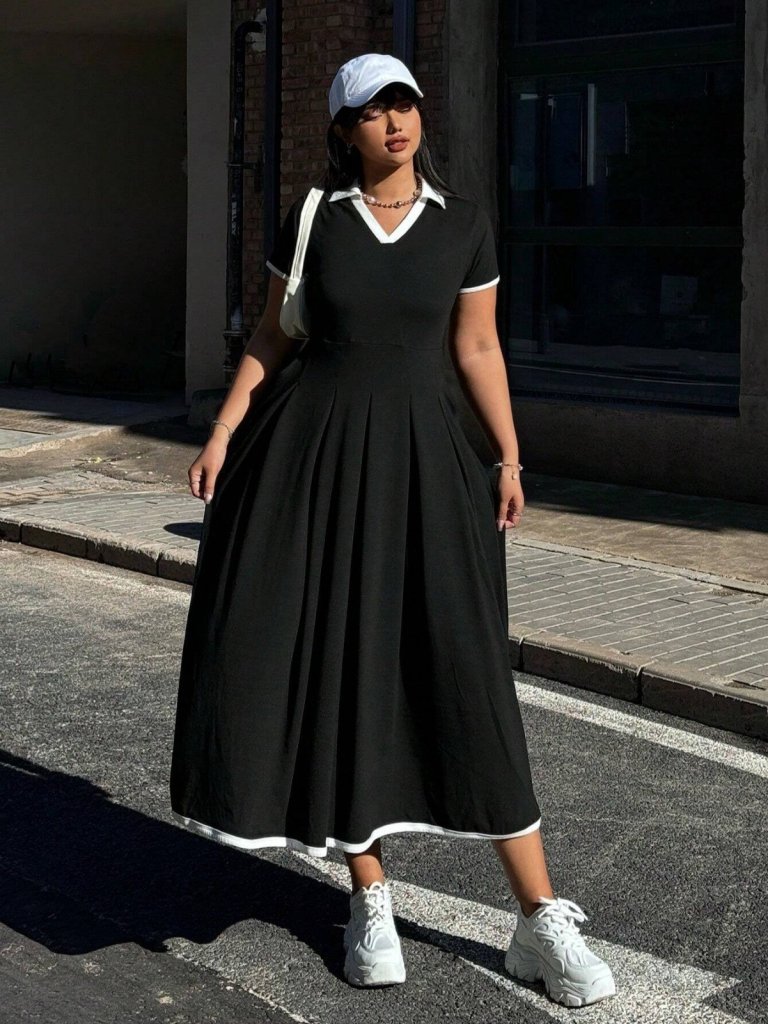 Women's Short Sleeve V Neck Pleated Long Ruffled Crepe Dress