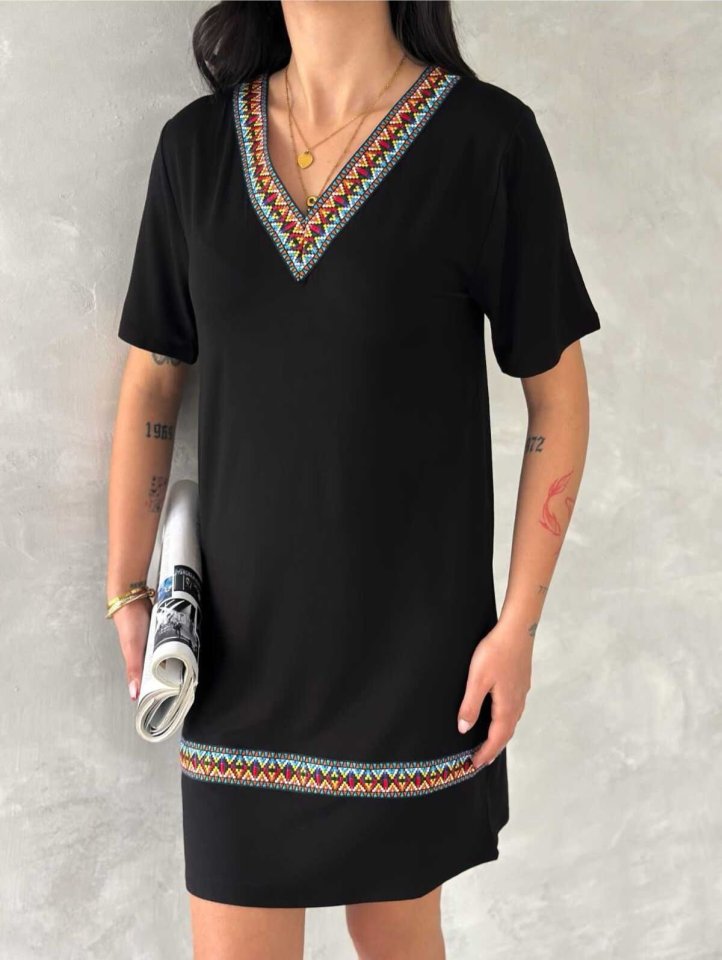Women's Short Sleeve V Neck Ethnic Pattern Stripe Detail Viscose Dress