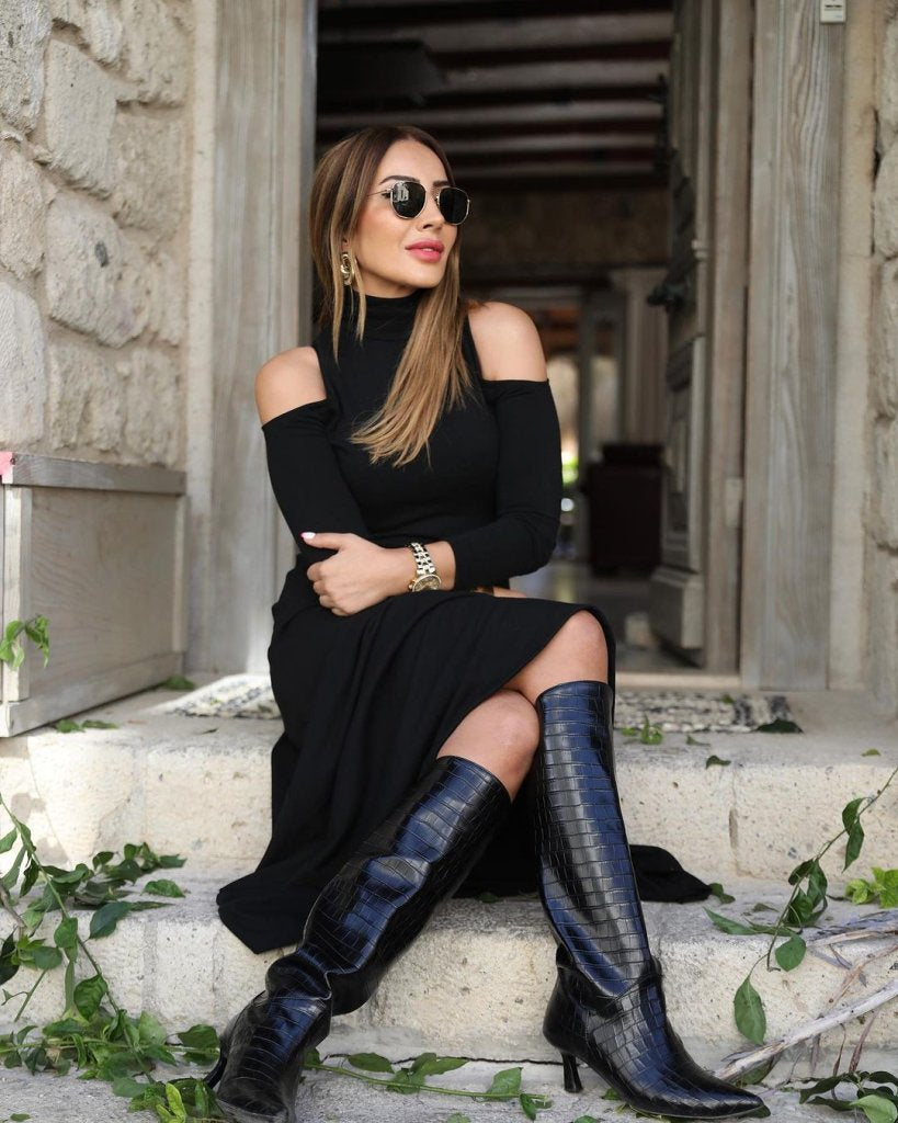 Women’s Turtleneck Off-Shoulder Long Sleeve Ruffled Crepe Dress