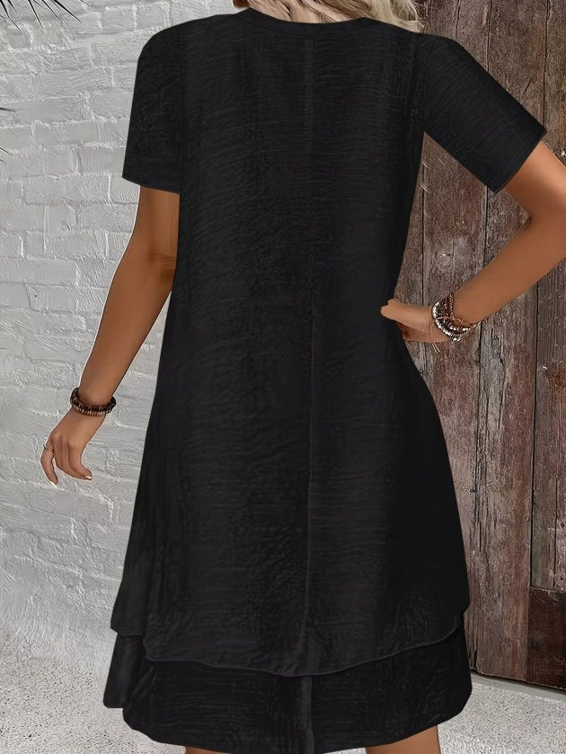 Women's Short Sleeve Round Neck Midi Crinkle Dress