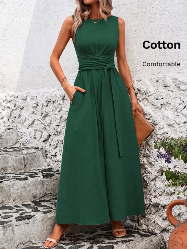 Women’s Off-Shoulder Long Aerobin Dress with Waist Tie
