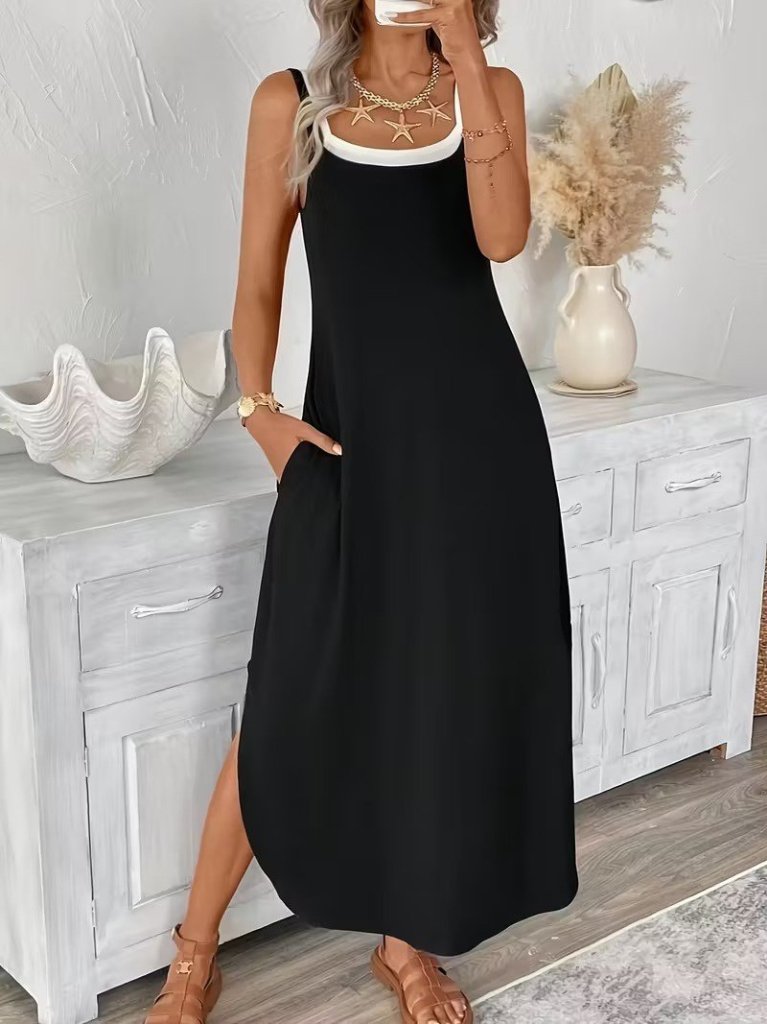 Women's Spaghetti Strap Round Neck Pocket Long Viscose Dress