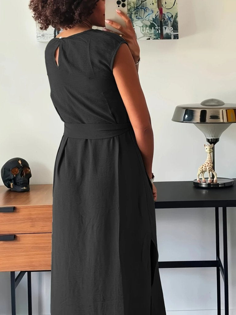 Women's Short Sleeve Round Neck Waist Tie Front Slit Aerobin Dress