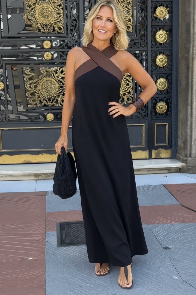 Women's Front Cross Detail Two-Tone Long Viscose Dress