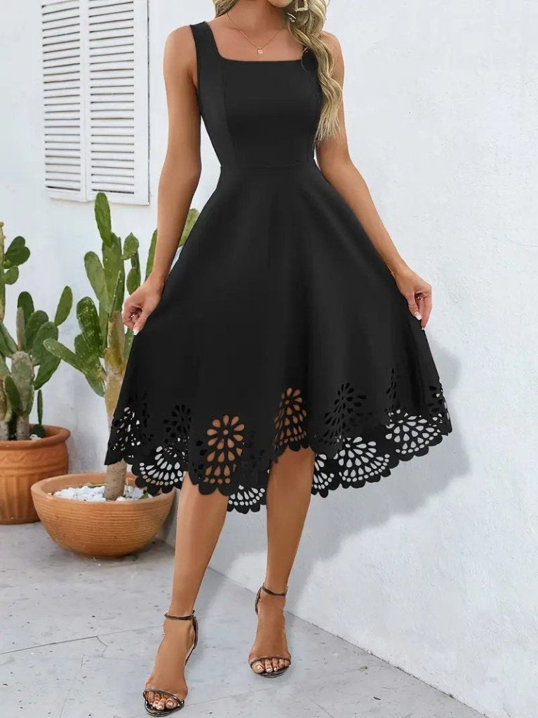 Women's Strappy Geometric Neckline Floral Laser Cut Imported Crepe Dress