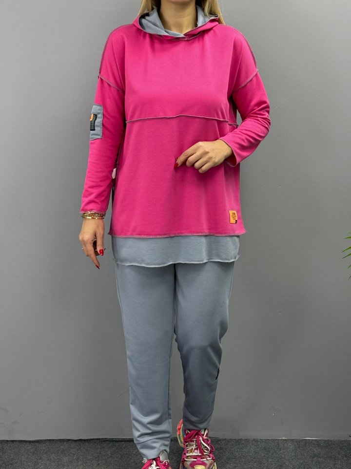 Women's Pink Hooded Two-Piece Set with Skirt Hem Detail and Reverse Stitch Patch
