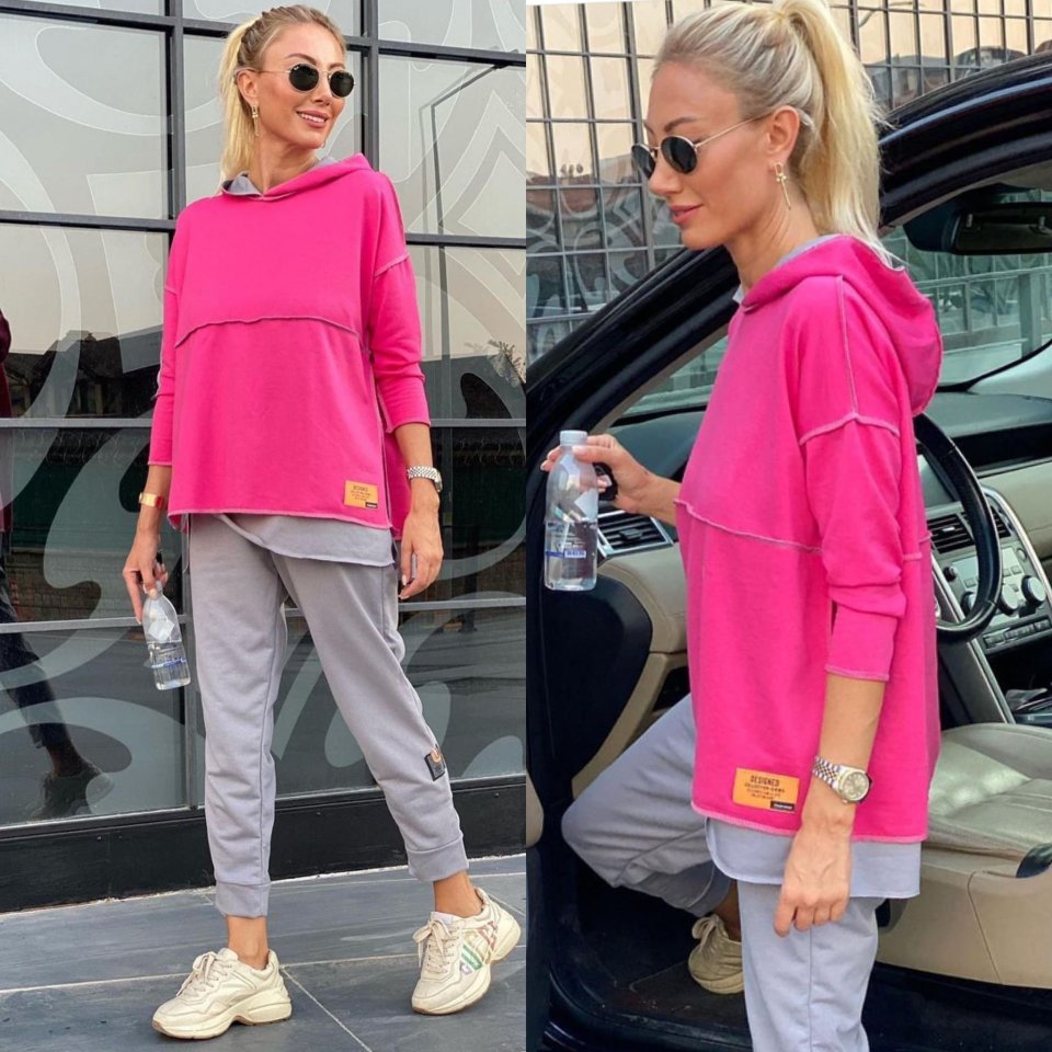 Women's Pink Hooded Two-Piece Set with Skirt Hem Detail and Reverse Stitch Patch