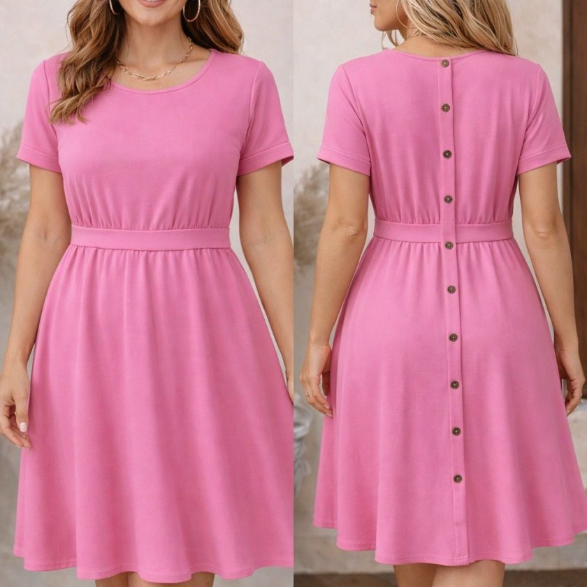 Women's Short Sleeve Round Neck Back Buttoned Viscose Midi Dress