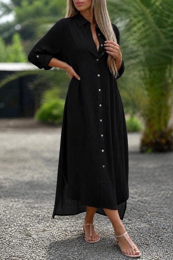 Women's Long Sleeve Collared Front Button Wide Cut Detailed Long Dress