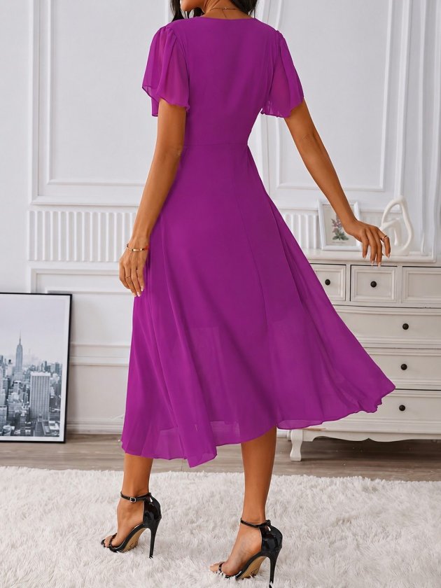 Women's Short Sleeve V-Neck Midi Lined Chiffon Dress