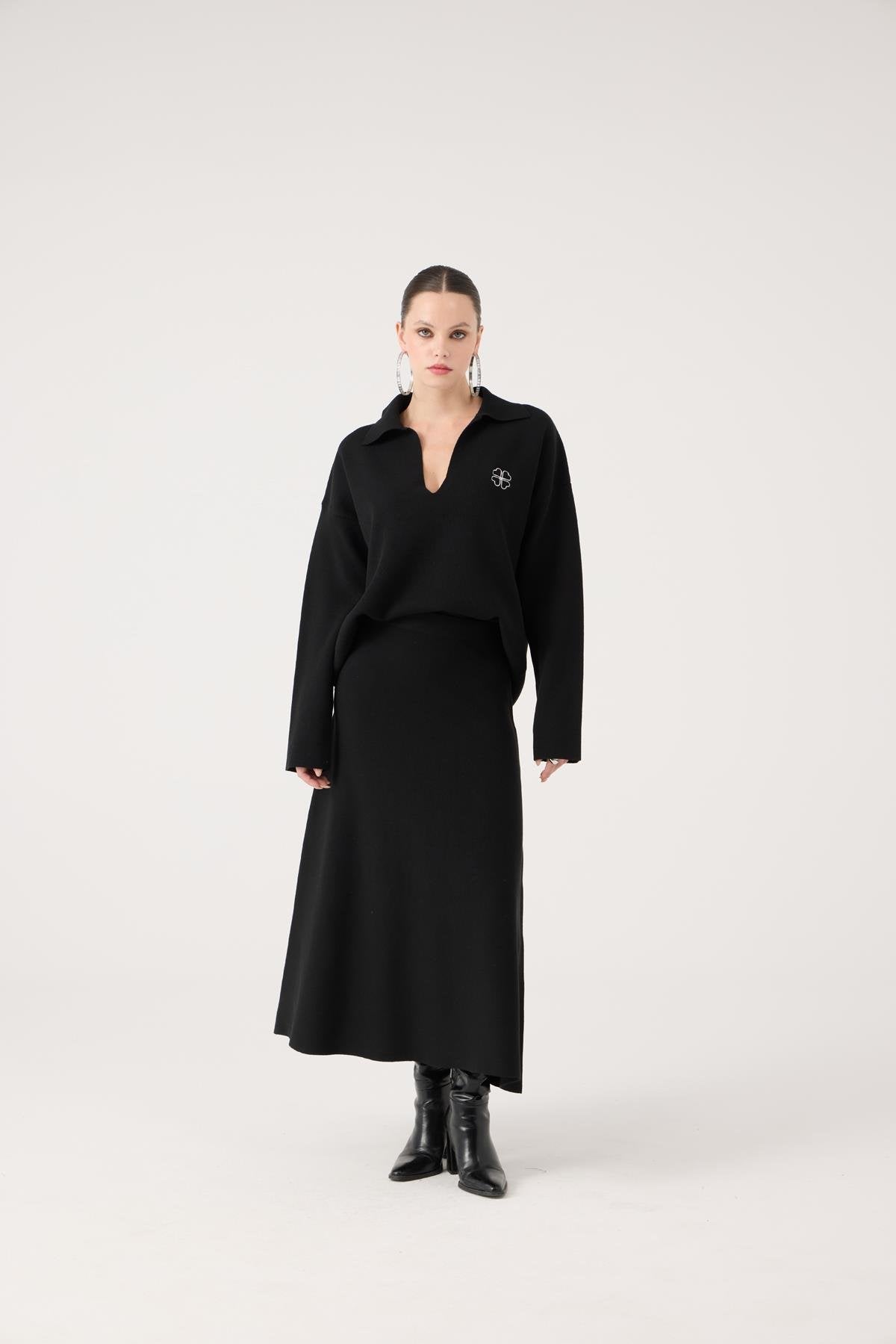 Beli Lastikli Uzun Zoi Triko Etek Siyah