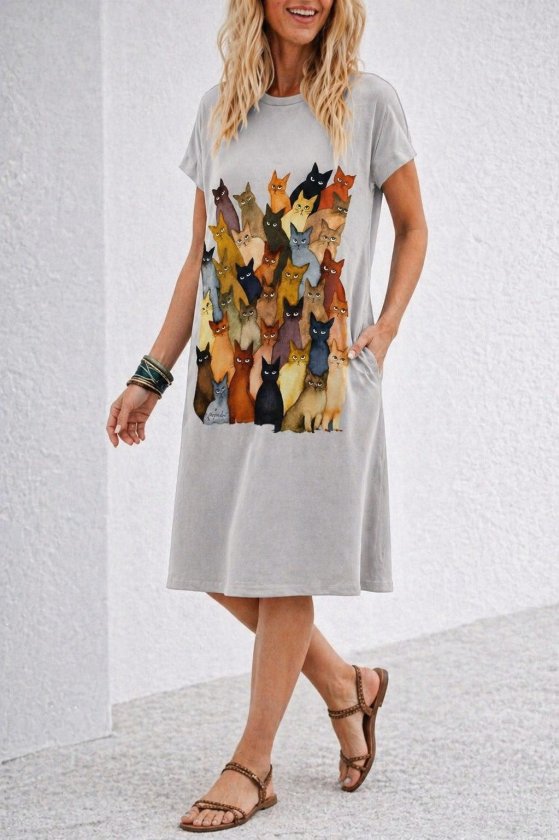 Short-Sleeved Crew-Neck Cat-Print Midi Viscose Dress