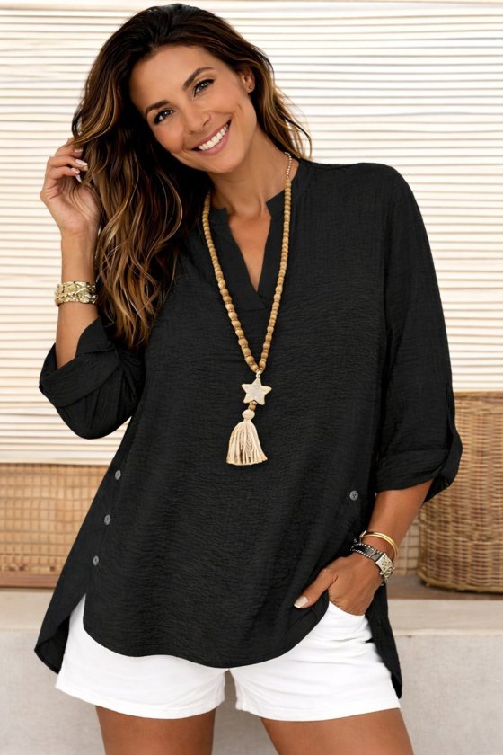 Women's Three-Quarter Sleeve Mandarin Collar Side Button Detailed Aerobin Blouse