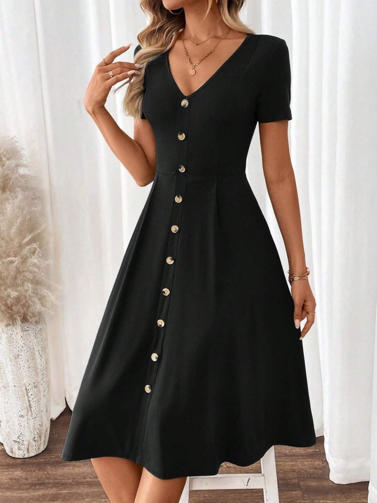 Women's Short Sleeve V-Neck Front Buttoned Short Flared Viscose Dress