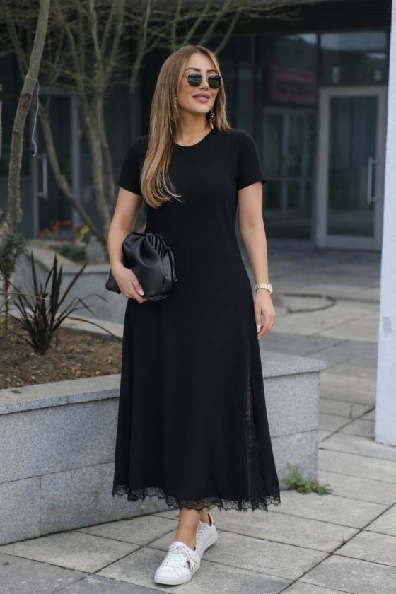 Women's Short Sleeve Crew Neck Side Slit Lace Detailed Long Viscose Dress