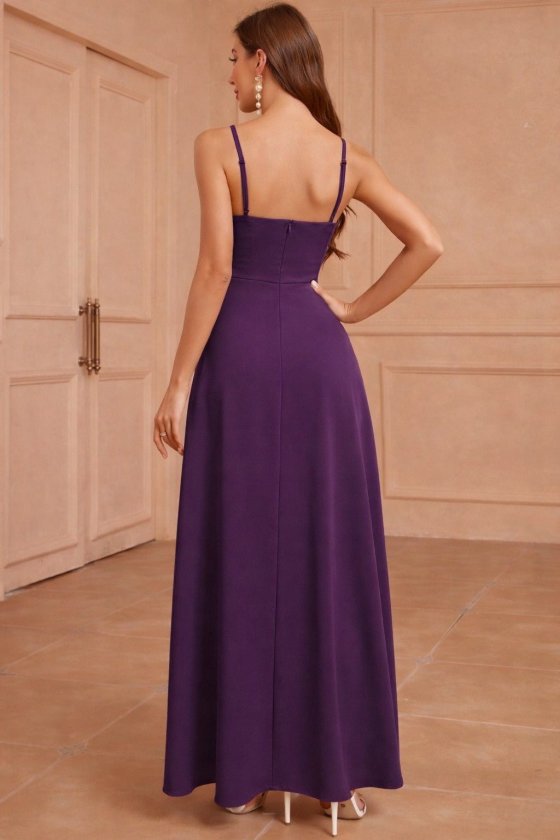 Women's Spaghetti Strap Wrap Neck Slit Long Imported Crepe Dress