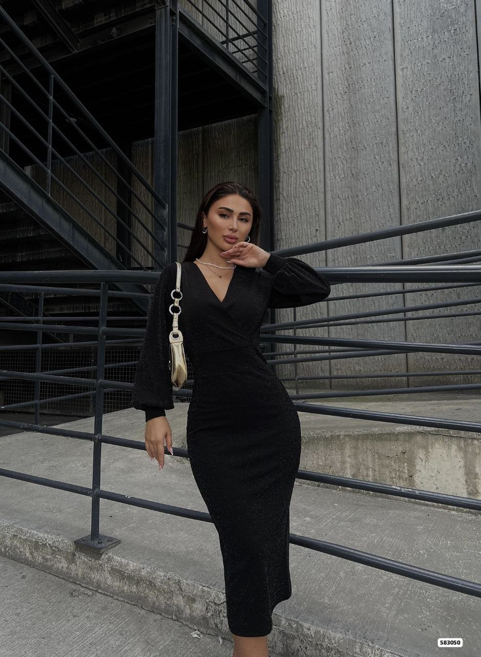 Women's Wrap Neck Balloon Sleeve Glitter Crepe Fabric Midi Dress
