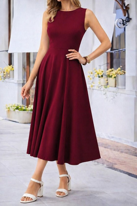 Women's Off-Shoulder Boat Neck Flared Midi Viscose Dress
