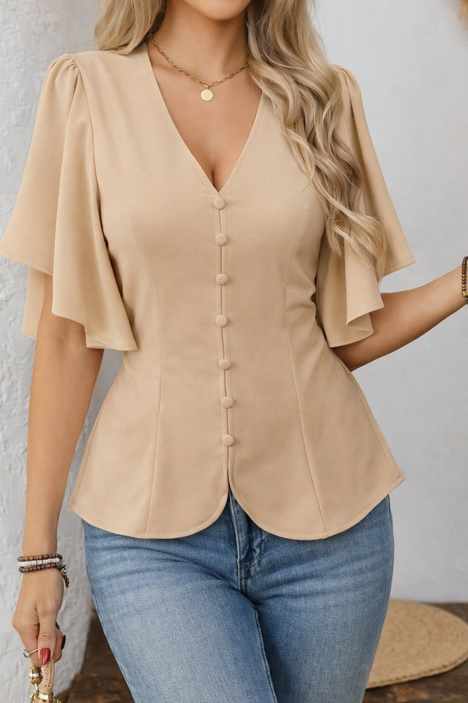 Women's Short Sleeve Front Button Imported Crepe Blouse