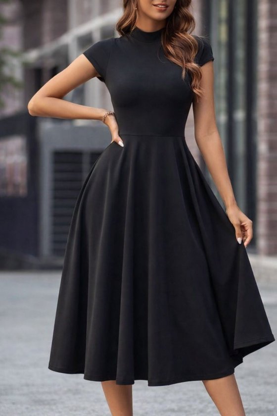 Women's Short Half Moon Sleeve Half Turtleneck Midi Ruffled Crepe Dress