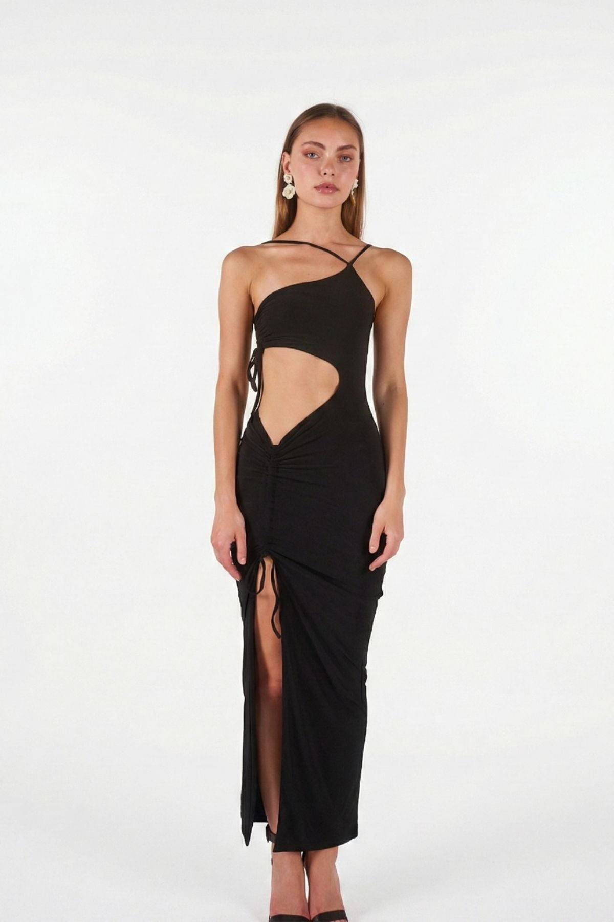 Tek Omuz Göbek Dekolteli Yırtmaçlı Esnek Ellie Elbise Siyah Siyah L