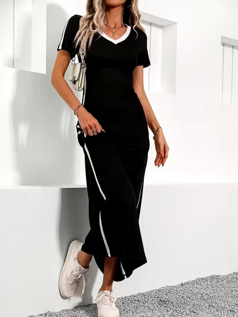 Women's Short Sleeve V-Neck Side Stripe Detail Viscose Long Dress
