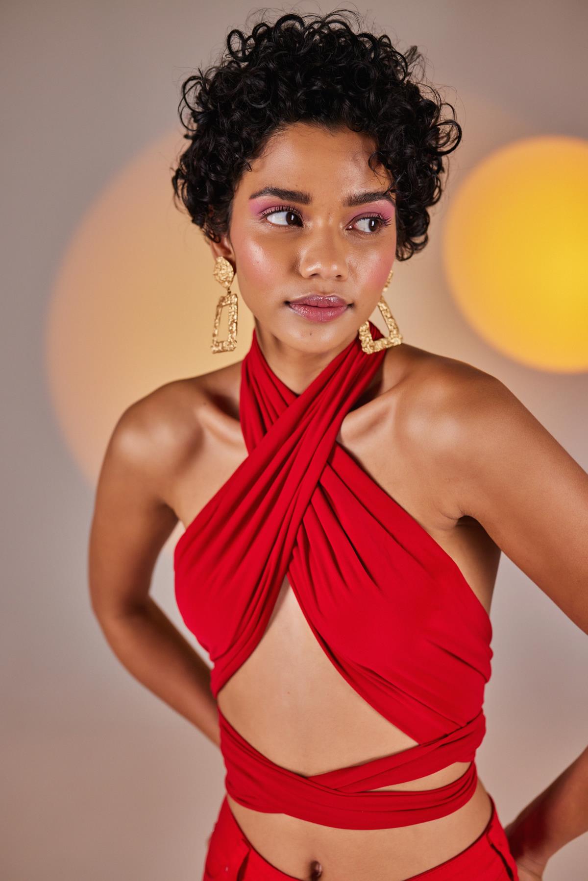 Crop Model Wrap Top Kırmızı Kırmızı M