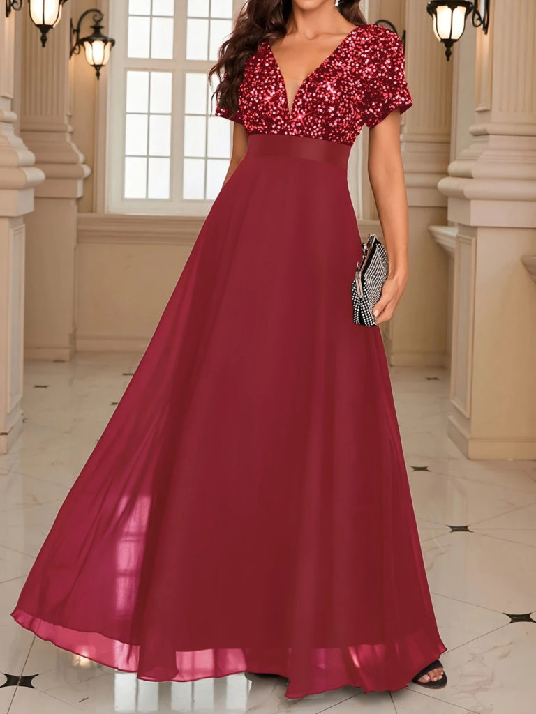 Women's Short Sleeve Deep V Neck A-Line Sequin Detail Chiffon Bridesmaid Dress