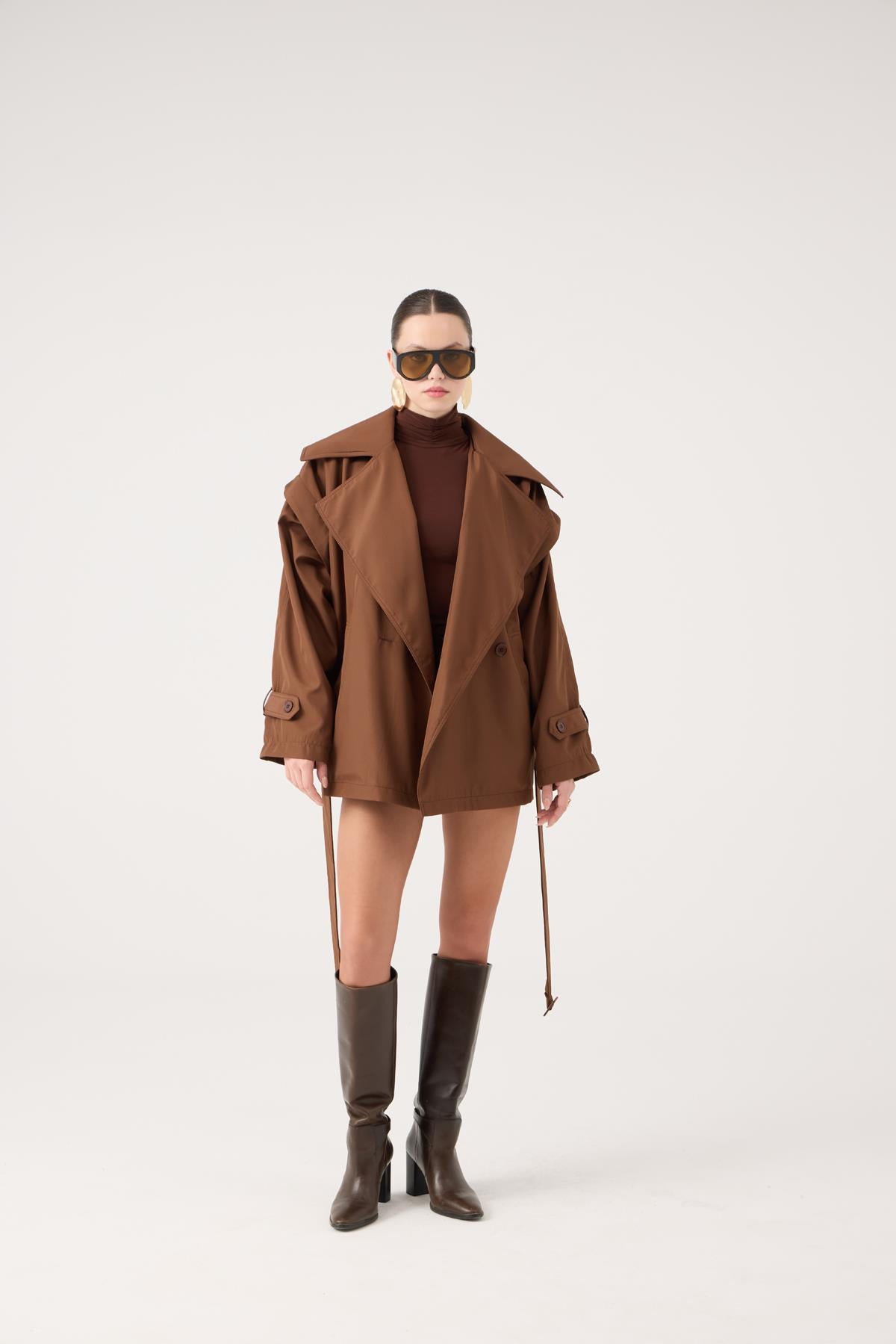 Kemerli Oversize Kesim Sara Trençkot Kahve