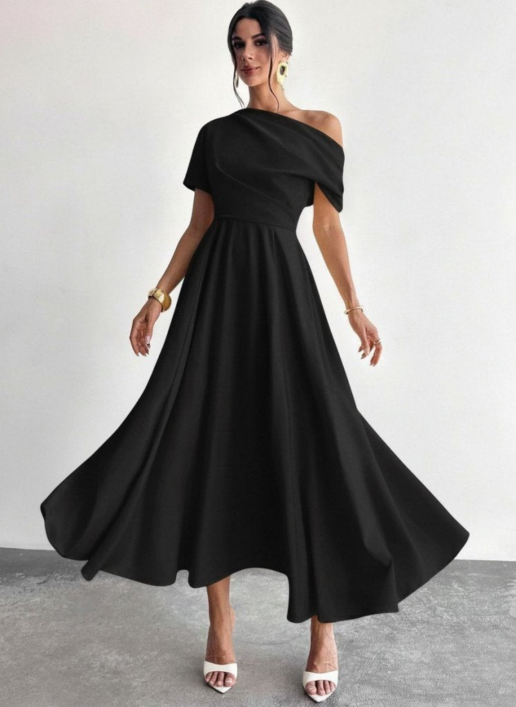 Women's Off-Shoulder Short Sleeve Pleated Shoulder Long Janjan Crepe Dress