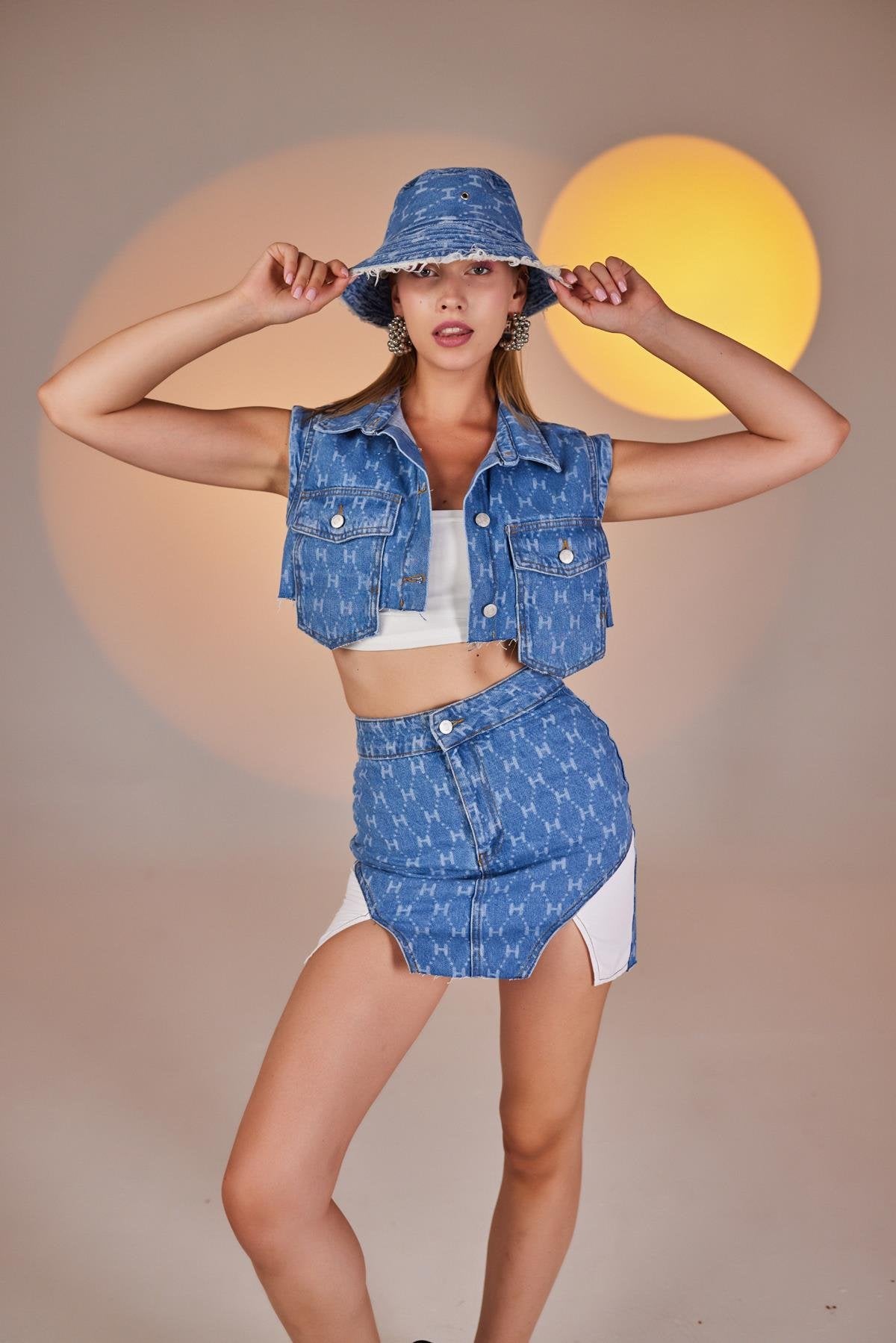 H Baskılı Cepli Mini Jean Yelek Mavi