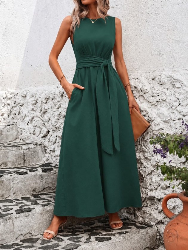 Women’s Off-Shoulder Long Aerobin Dress with Waist Tie