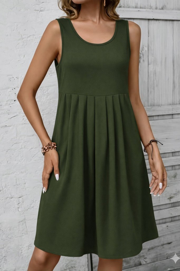 Women's Sleeveless Round Neck Front Pleated Short Aerobin Dress