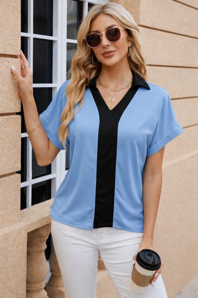 Women's Short Sleeve V-Neck Sandy Blouse with Front Stripe Detail