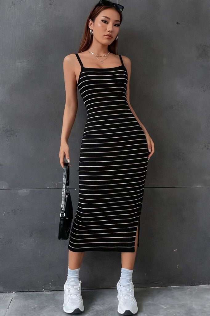 Women's Strappy Side Slit Long Ottoman Dress